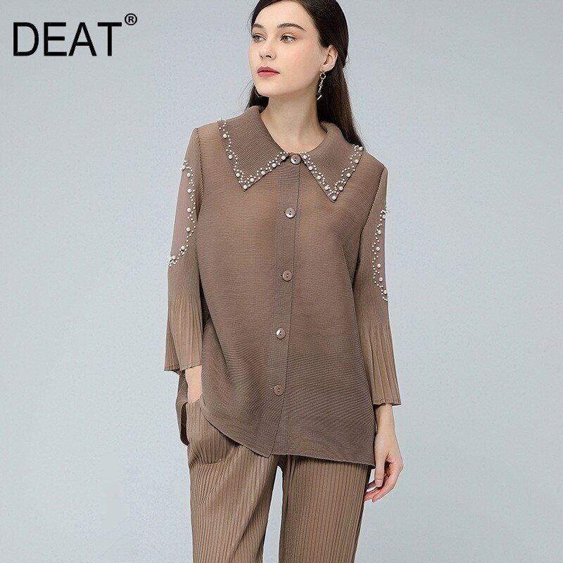 Pleated Coat Women Beading Flare Sleeve