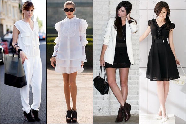 all-black or all-white outfit with the opposite accessories