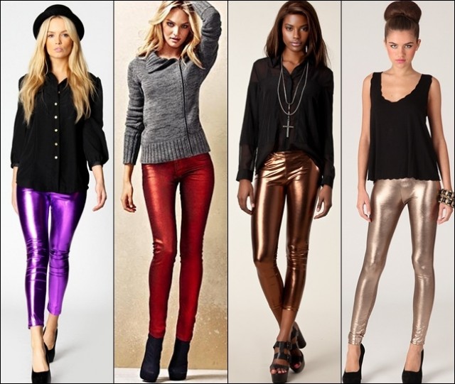 Leggings in metallic shades and fabrics are great to combine with darker or more natural shaded tops
