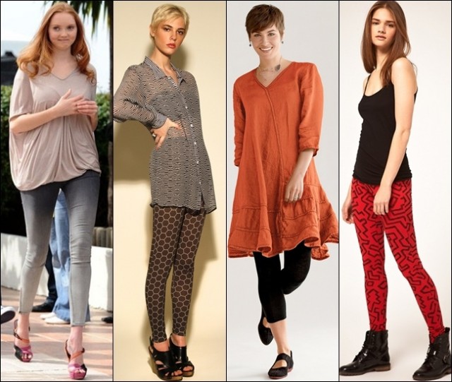 Leggings for summer in patterns or solid colors, paired with lighter tops and trapeze dress
