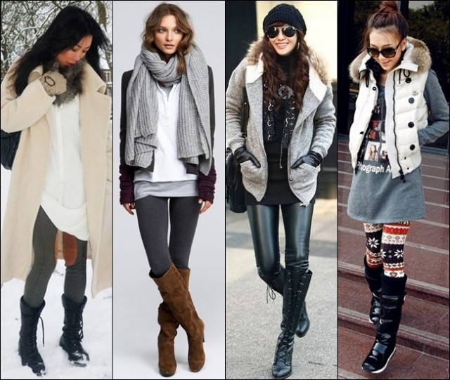 Leggings for winter with boots, thick outerwear, scarves, and other winter essentials