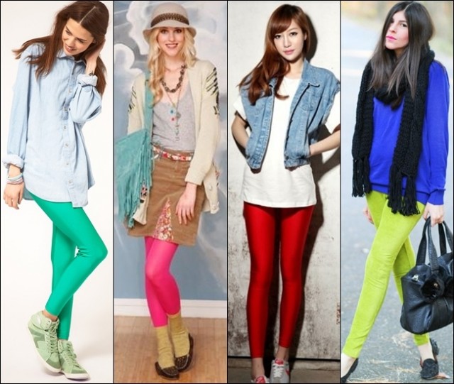 Leggings in neon shades for more flattering looks, paired with denim shirt, skirt, tee and denim vest, and sweatshirt
