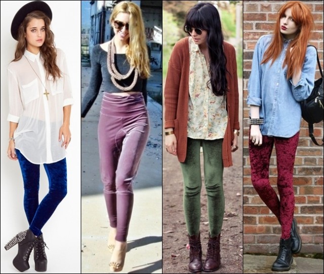 Leggings in velvet to achieve warmer chic rocky styles, great to combine with ankle-boots or heels
