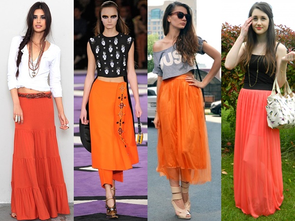 Bright Orange Maxi Skirt Outfit Ideas