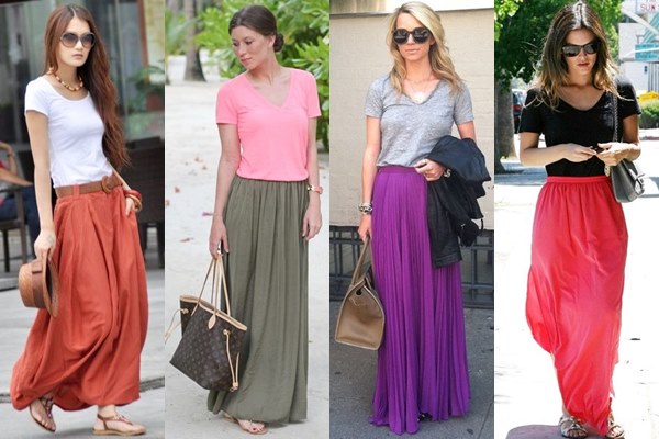 Casual Long Skirt Outfits for Petite, with V-neck Tee and Flats
