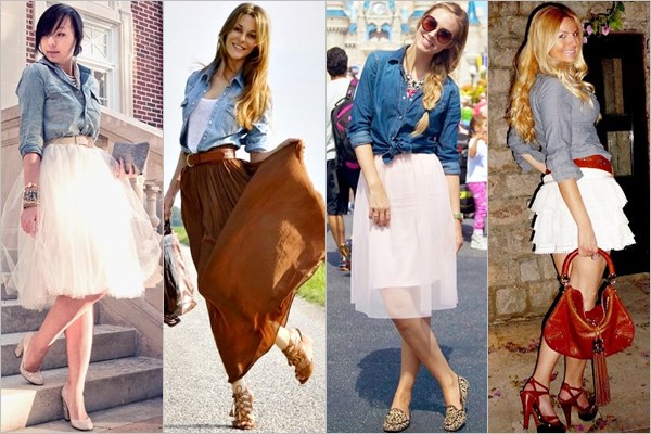 Denim Shirt and Skirt Feminine Look 