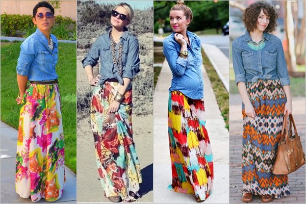 Denim Shirt and Long Skirt with Prints