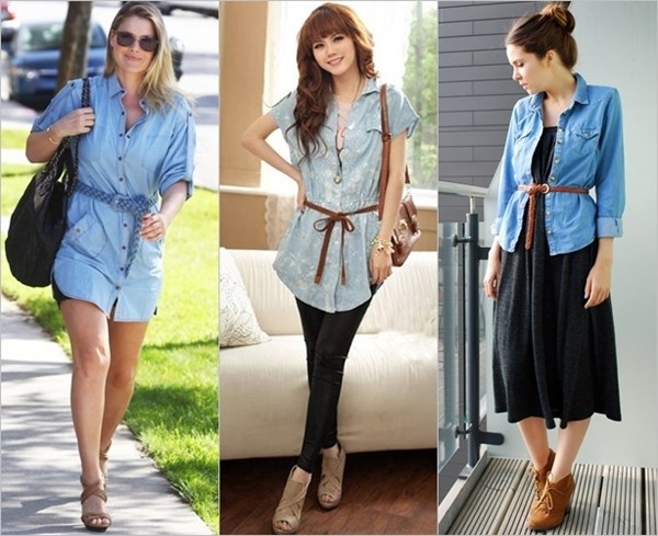 Denim shirt with a belt for marking waist area