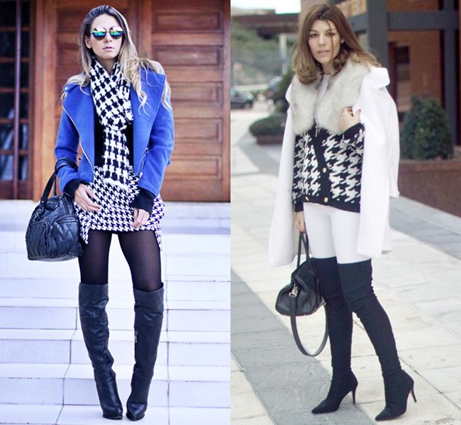 Fall Winter Fashion Boots Outfit Looks with Houndstooth Print
