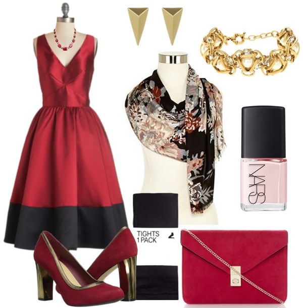 red and black wedding guest outfit
