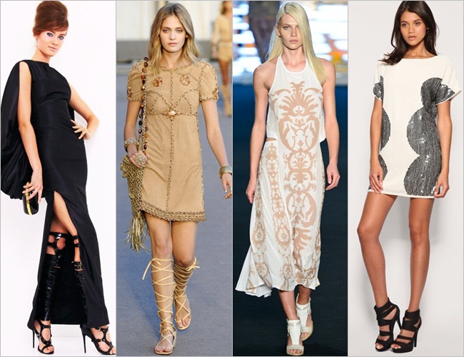 Gladiator sandals with heels or flats paired with mini, midi, or maxi dresses