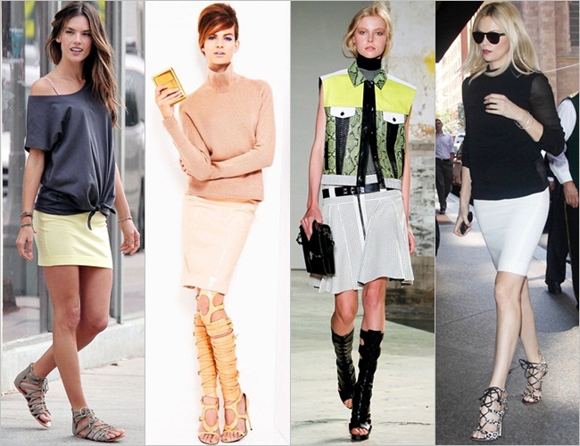 Gladiator sandals with mini skirt, pencil skirt, or A-line skirt