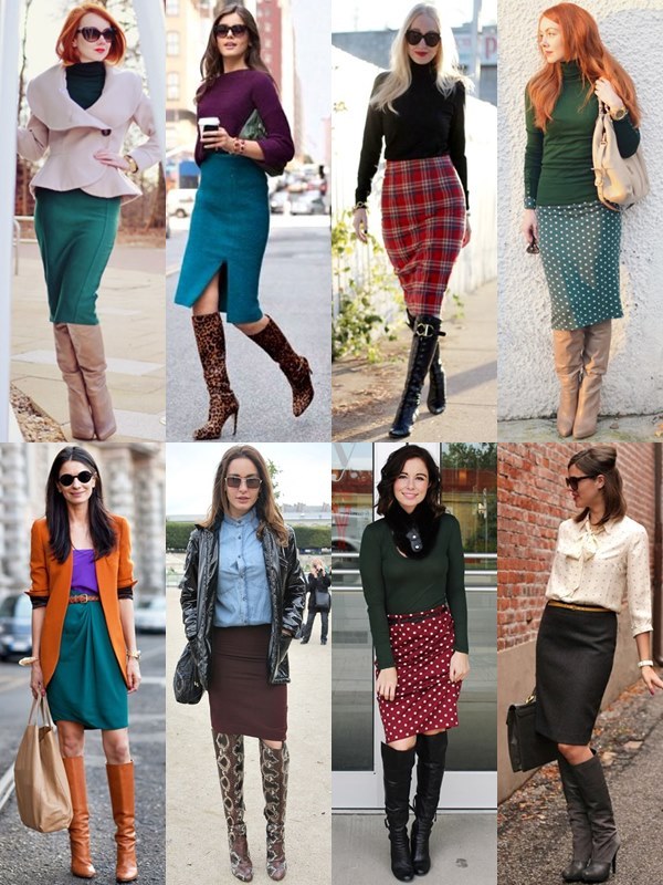 thigh-length boots with Pencil Skirt