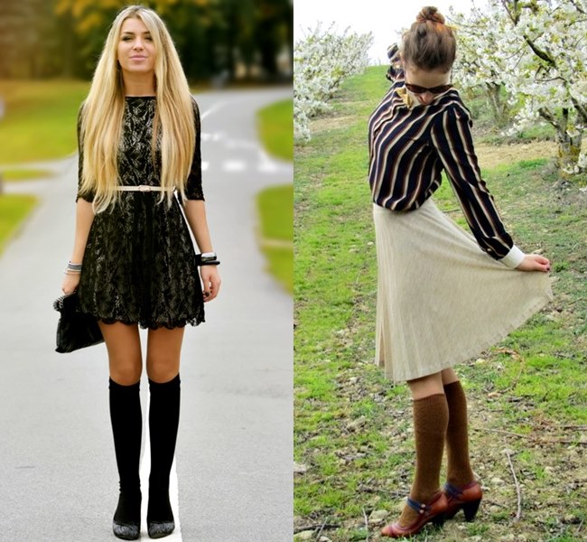 Neutral Colored Knee Socks with Heeled Sandals
