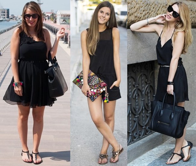 black dress and sandals