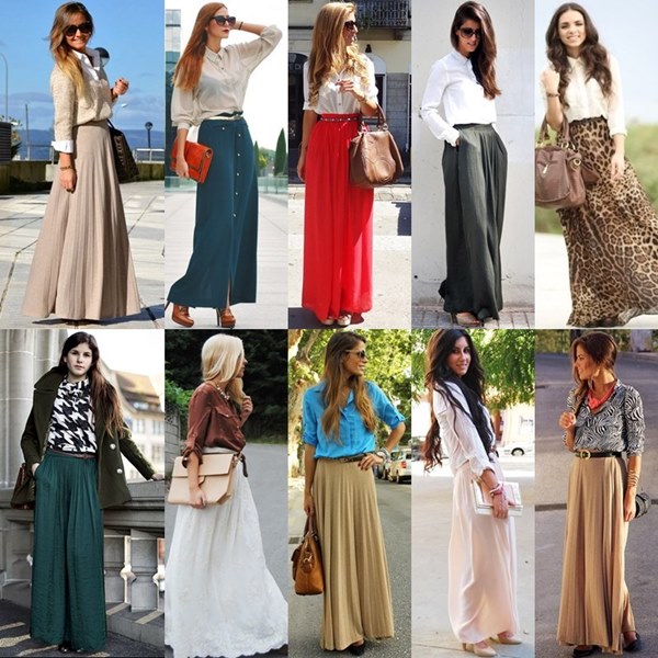 Maxi Skirt and Feminine Shirt Street Fashion