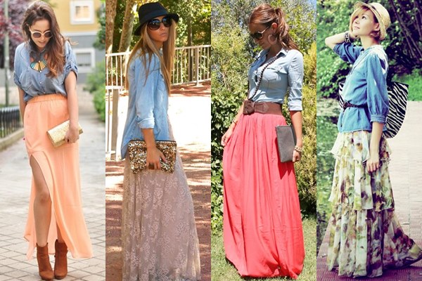 Maxi Skirt and Denim Shirt Street Fashion