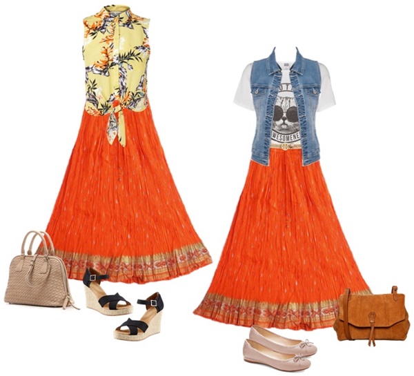 Bright Orange Long Skirt Outfit Ideas

