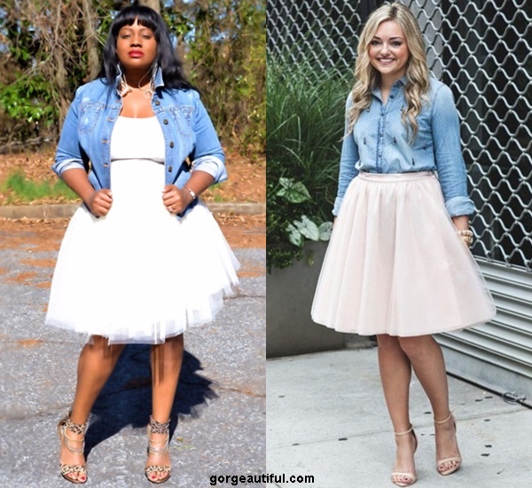 blue jean shirt and tulle skirt