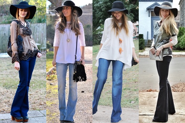Flared Jeans with Wide Brim Hat