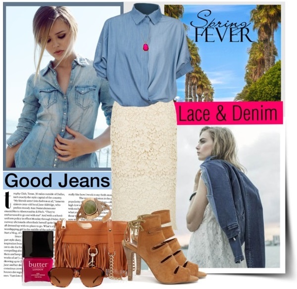 Denim Shirt with Lace Skirt Outfit Idea