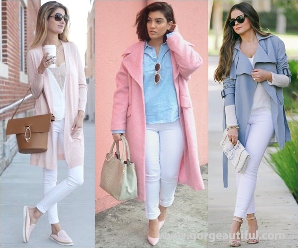 White Skinny Jeans with Pastel Layering Pieces for A Calm Spring Touch