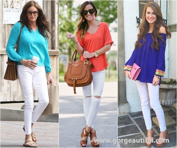 Bright Color Matched with White Skinny Jeans for Spring and Summer