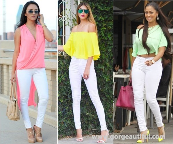 Neon Color with White Skinny Jeans to Create Interest into the Look