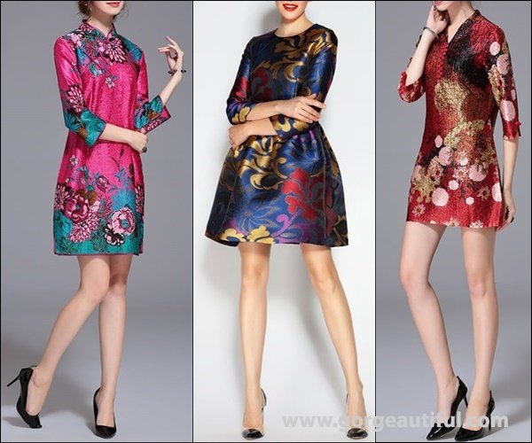 MuYi Multicolor 3/4 Sleeve Jacquard Crew Neck Mini Dress