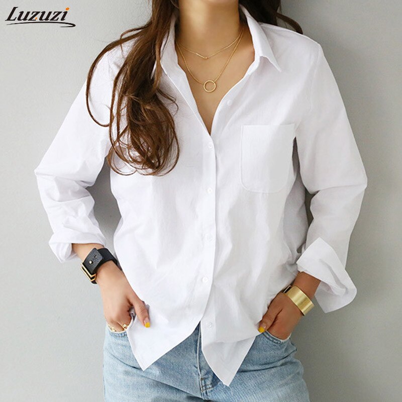 Spring One Pocket Women White Shirt Feminine Blouse Top Long Sleeve